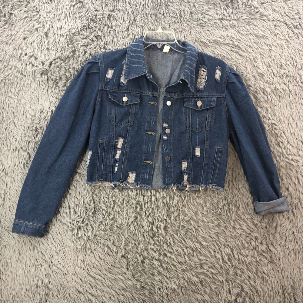 Denim Jacket Women XL Distressed Raw Hem Long Sleeve Denim Button Up Puff Sleeve